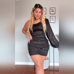 Elegant One-shoulder Long Sleeve Short Dress Women Plus Size Strech Shimmer NEW